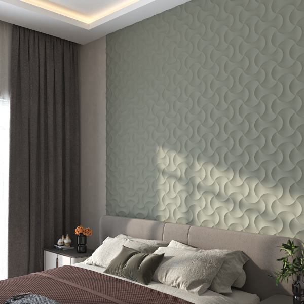 Interlocking circle wall panel PAN 011 in sage green as bedroom headboard wall