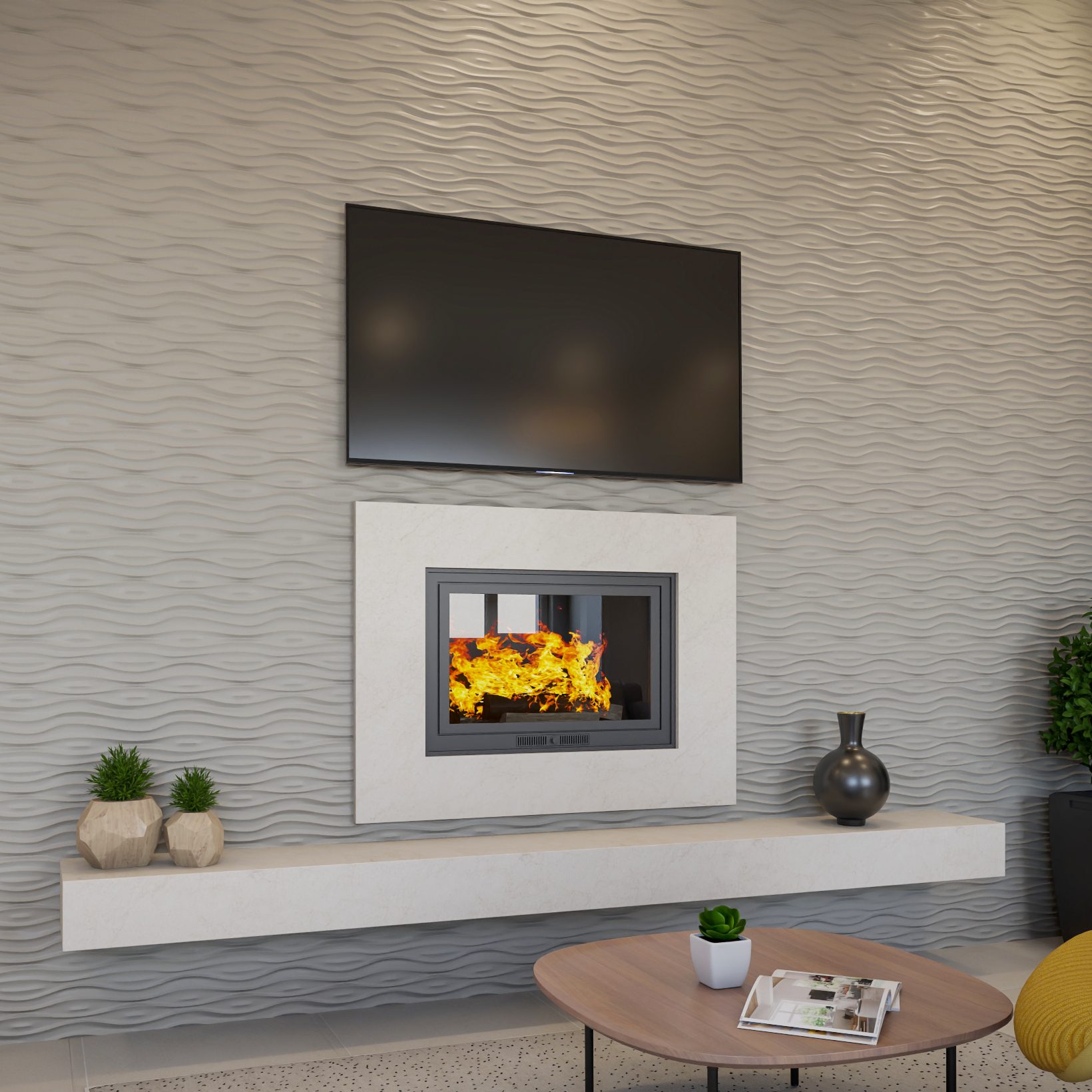 PAN034 RENDERING Topographic wave wall panel PAN 034 cream finish TV and fireplace wall