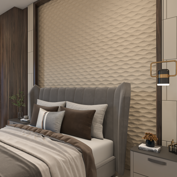 PAN 059 spindle wave wall panel used as a headboard accent wall in a luxury bedroom, repeating hourglass column texture in warm cream tone