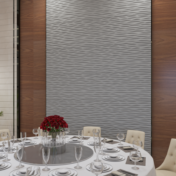 Rippled wave wall panel PAN 089 in brushed silver finish, dining room feature wall